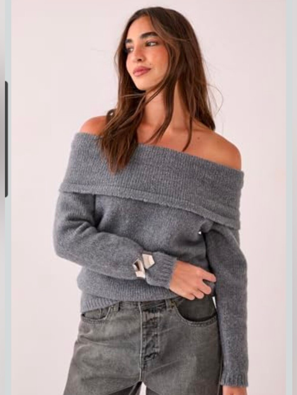 NWT Nasty Gal Bardot Knitted Heather Gray Off-the-Shoulder Knit Sweater